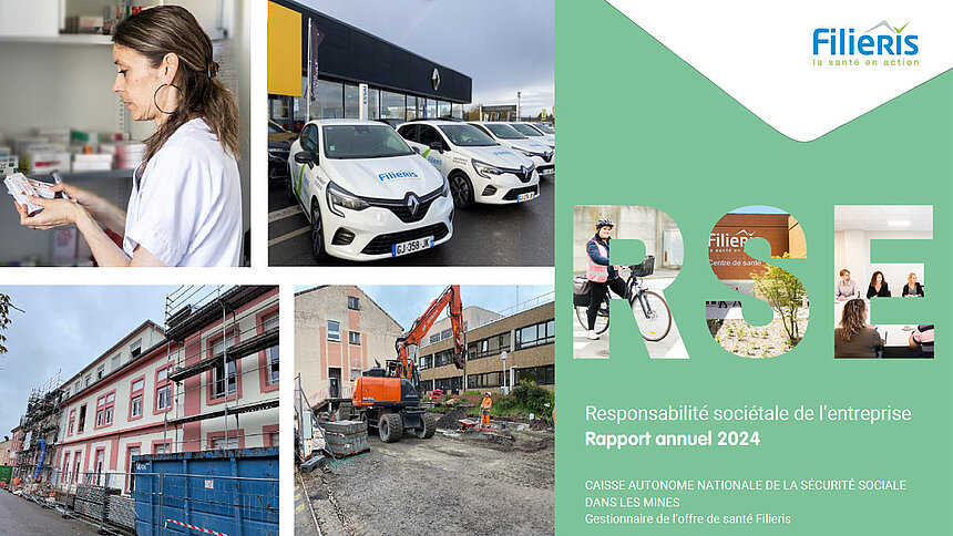 Mosaïque de photos et couverture du rapport RSE de Filieris